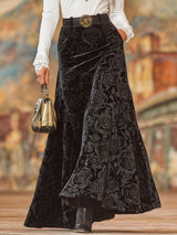 Black Rose Print A-line Velvet Skirt