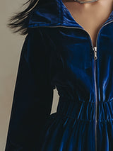Elegant And Stylish Royal Blue Velvet Collared Front Zip-up Shorts Jumpsuit