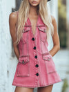 【24-hour shipping out】Chic Pink Denim Button Front Sleeveless Mini Dress