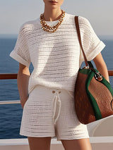 【24-hour shipping out】Casual Fashionable Holiday Style Hollow Knitted White Short-Sleeved Shorts Suit