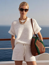 【24-hour shipping out】Casual Fashionable Holiday Style Hollow Knitted White Short-Sleeved Shorts Suit