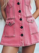 【24-hour shipping out】Chic Pink Denim Button Front Sleeveless Mini Dress
