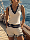【24-hour shipping out】Casual Retro Sports Navy Blue Trimming Beige Knitted Sleeveless Shorts Set