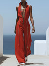 【24-hour shipping out】Casual Retro Red Cotton and Linen Zipper Sleeveless Elastic Waist Wide Leg Jumpsuit