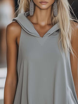 【24-hour shipping out】Casual Fashion Loose Grey Sleeveless Hoodie Style Mini Dress