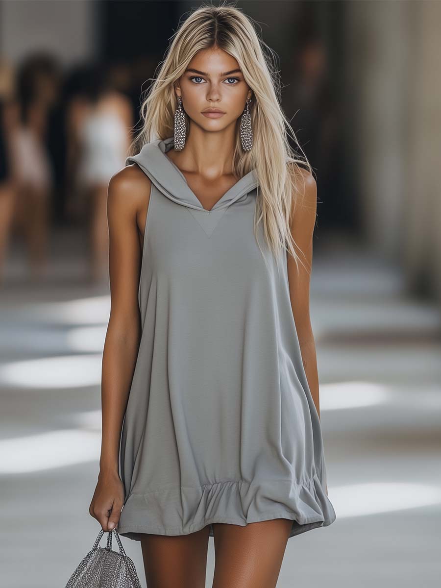 【24-hour shipping out】Casual Fashion Loose Grey Sleeveless Hoodie Style Mini Dress