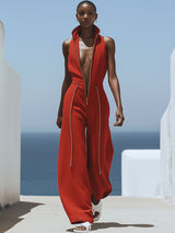 【24-hour shipping out】Casual Retro Red Cotton and Linen Zipper Sleeveless Elastic Waist Wide Leg Jumpsuit