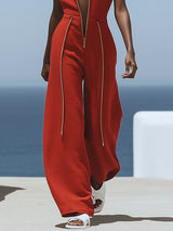 【24-hour shipping out】Casual Retro Red Cotton and Linen Zipper Sleeveless Elastic Waist Wide Leg Jumpsuit