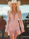 【24-hour shipping out】Fashion Western Spaghetti Strap Off-Shoulder Hem Tassel Pink Lace Mini Dress