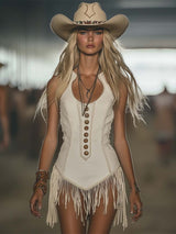 【24-hour shipping out】Elegant Western Chic Round Neck White Tassel Mini Dress