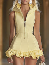 【24-hour shipping out】Fashion Slim Fit Goose Yellow Front Zip Hooded Ruffle Sleeveless Mini Dress
