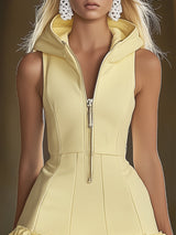 【24-hour shipping out】Fashion Slim Fit Goose Yellow Front Zip Hooded Ruffle Sleeveless Mini Dress