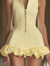 【24-hour shipping out】Fashion Slim Fit Goose Yellow Front Zip Hooded Ruffle Sleeveless Mini Dress
