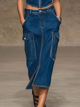 Casual Retro Dark Blue Denim Vest And Workwear Skirt Set