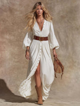 Vintage Western V-Neck Lantern Sleeve White Denim Maxi Dress
