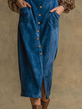 Western Retro Long-Sleeved Chiffon Leopard Print Blue Faux Suede Midi Dress