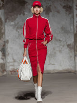 Sporty Style Stand-collar Zip-up Jacket And Skirt Set