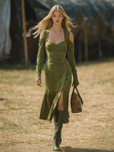 Vintage Western Style Shoulder Cutout Long Sleeve Midi Dress