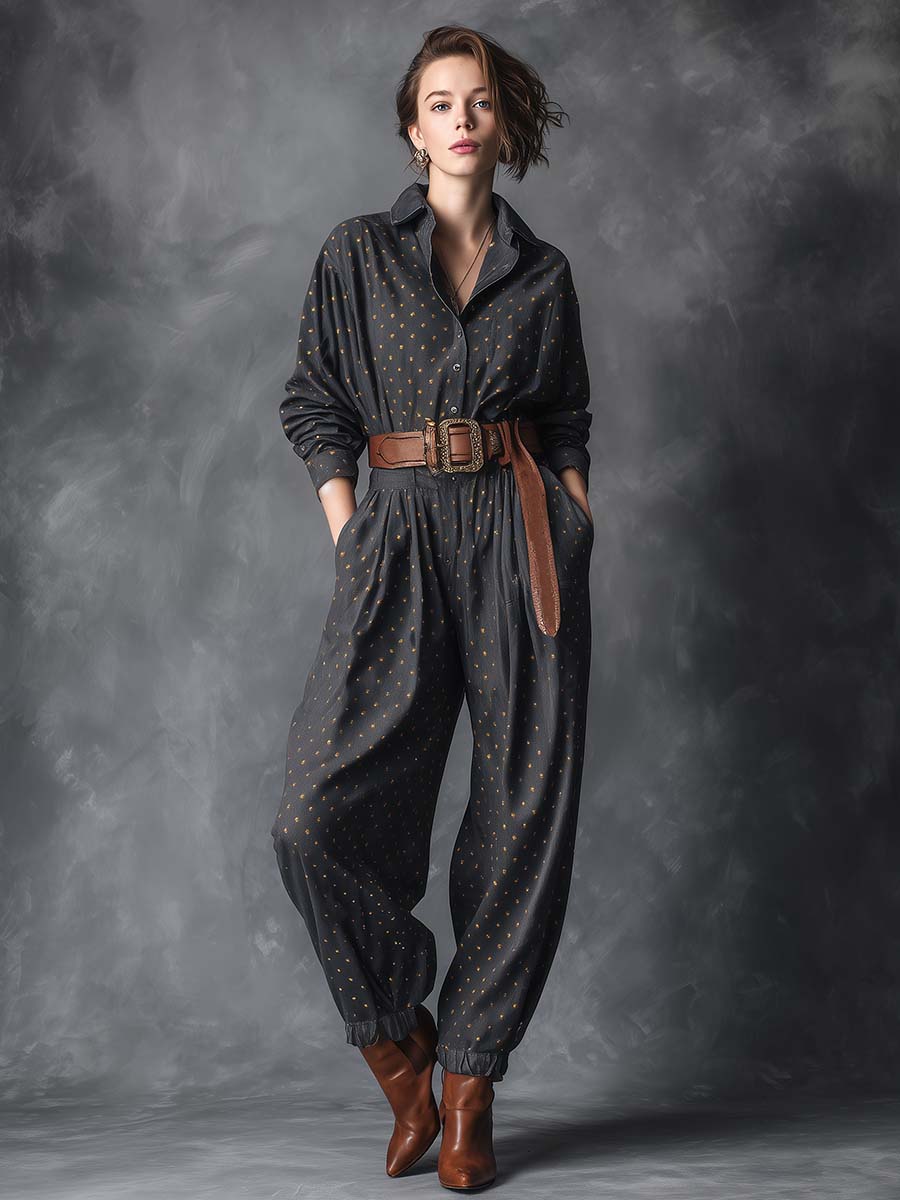 Vintage Fashiona Lapel Front Button Gold-plated Silver Polka Dot Pattern Dark Gray Denim Jumpsuit