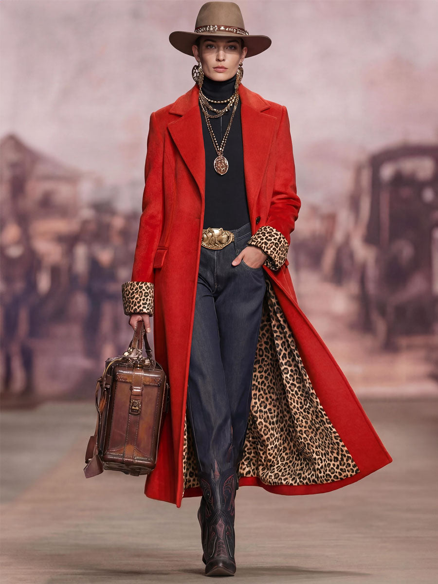 Lapel Single-breasted Leopard Print Wool Coat