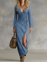 V-neck Single-breasted Side-slit Denim Long-sleeved Maxi Dress