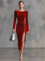 Elegant Round Neck Button-down Side Slit Long Sleeve Velvet Midi Dress