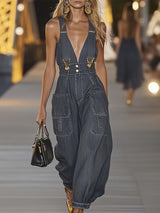 Fashion Personality Loose V-neck Suspender Denim Jumpsuit