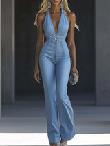 【24-hour shipping out】Simple and Fashionable V-neck Sleeveless Tight Light Blue Denim Jumpsuit