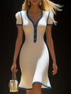 【24-hour shipping out】Elegant V-neck Fishtail Blue Contrast White Knitted Midi Dress