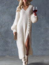 Comfortable Lazy Exquisite V-neck Metal Button White Imitation Rabbit Fur Knitted Side Slit Midi Dress