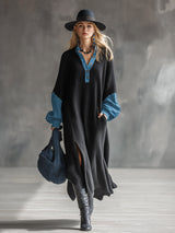 Fashionable Casual Black Knitted Denim Trim Maxi Dress