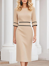 【24-hour shipping out】Elegant And Stylish Black Line Trim Khaki Midi Dress