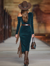 Western Green Faux Suede One-Shoulder Slit Patchwork Tassel Midi Dress
