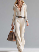Retro Fashion Sports Hooded V-neck Front Zipper Off-white Knitted Jumpsuit