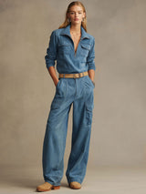 Western Retro Blue Faux Suede Half-Zip Top And Wide-Leg Cargo Pants Set