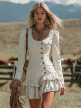 Vintage-style Round-neck Multi-button Ruffled Denim Long-sleeved Mini Dress