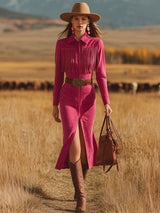 Retro Western Style Fringed Pink Faux Suede Midi Dress