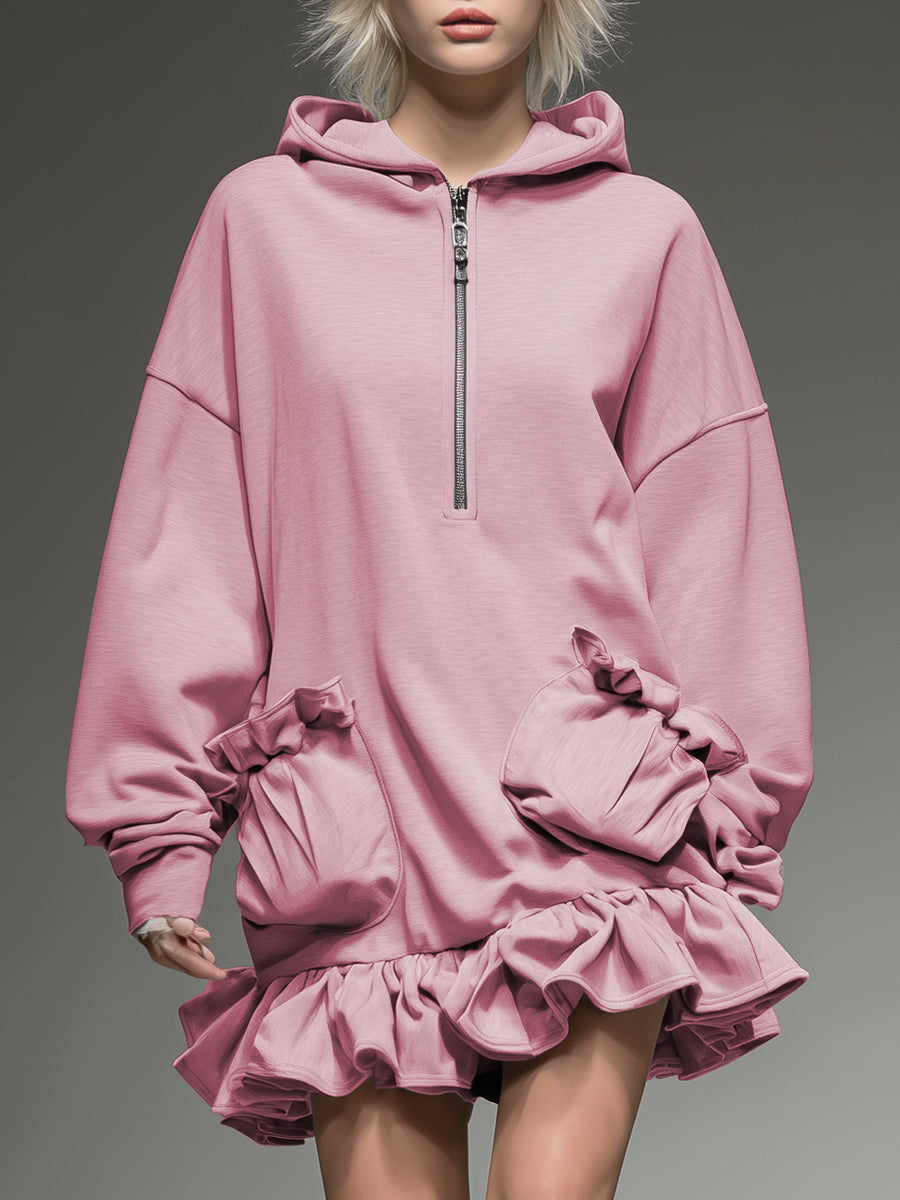 Casual Sporty Light Pink Hooded Loose Ruffle Mini Dress