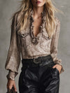 Vintage Western Ruffled V-neck Beige Leopard Print Suede Blouse Tops