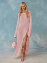 Retro Comfortable Lazy Round Neck Slit Detail Lace Trim Light Pink Lightweight Knitted Maxi Dress