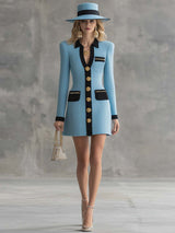 Vintage Classic V-neck Front Metal Button Black Trim Sky Blue Tweed Mini Dress