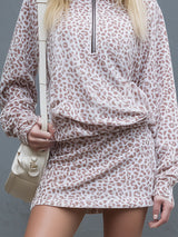 Loose-fitting Leopard Print Stand-collar Zip-up Top And Velvet Skirt Set