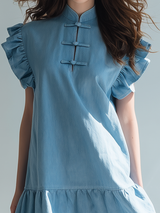 Retro-style Fashion Puff Sleeves Stand-up Collar Frog Buttons Ruffled Hem Denim Blue Mini Dress