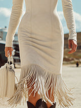Western Retro Beige Faux Suede Long-Sleeved Off-Shoulder Tassel Midi Dress