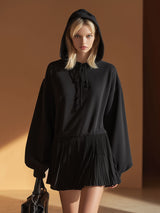 Stylish And Casual Black Cotton And Chiffon Patchwork Hooded Mini Dress