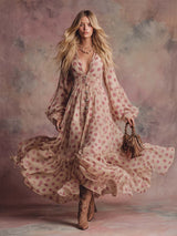 Elegant Flowing Retro V-neck Front-button Pink Polka Dot Print Apricot Chiffon Maxi Dress