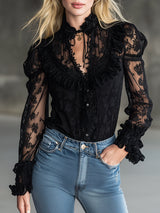 Stylish Black Lace Ruffled Button-down Shirt