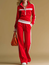 Retro-style Fashionable Zip-up Stand-collar Top And Pants Set