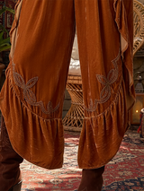 Retro Bohemian Ruffled Embroidered Velvet Cropped Pants