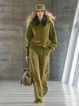 High-end Fashionable Leopard Print Velvet Faux Fur Collar Sweatshirt Wide-leg Pants Suit